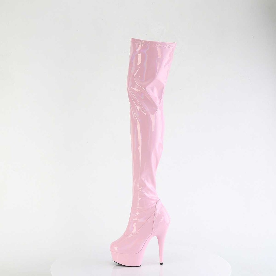 Larhoga Stovlar Med Plata höga klackar | Rosa 15 Cm Delight-3000Hwr Hologram Overknee Platastovlar - Pole Dance Overknees