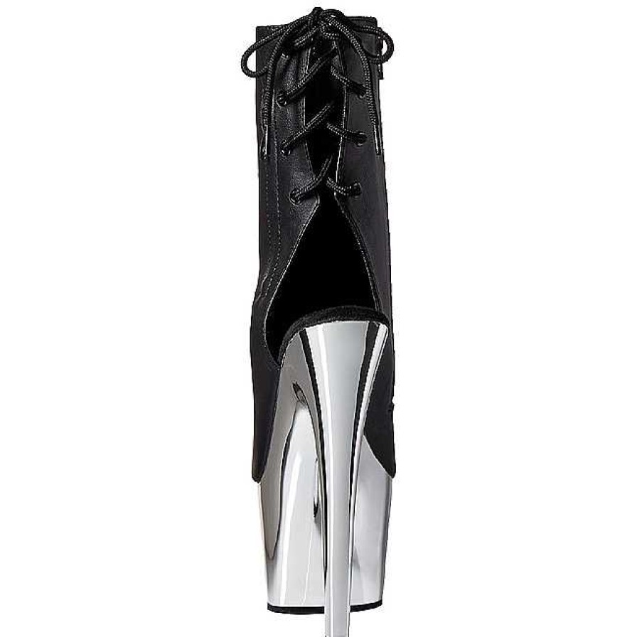 Stovletter Dam Med Plata höga klackar | Konstlader Svart 18 Cm Pleaser Adore-1018 Krom Plata Halvboots