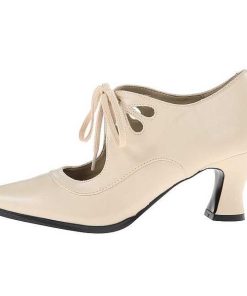 Pumps Klackar Utan Plata höga klackar | Beige Konstlader 7 Cm Retro Vintage Victorian-03 Kvinnor Pumps Med Lag Klack