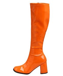 Stovlar Dam Utan Plata höga klackar | Orange Lackstovlar Blockklack 7,5 Cm - 70 Tal Hippie Boots Disco Gogo Knahoga Stovlar