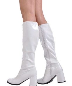 Stovlar Dam Utan Plata höga klackar | Vita Lackstovlar Blockklack 7,5 Cm - 70 Tal Hippie Boots Disco Gogo Knahoga Stovlar