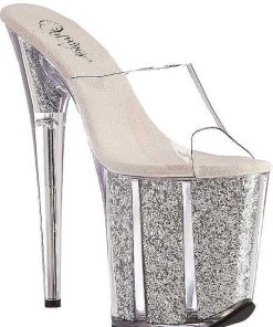 Slip In Klackar Mer Plata höga klackar | Silver 20 Cm Flamingo-801G Glitter Plata Tofflor Dam Med Klack