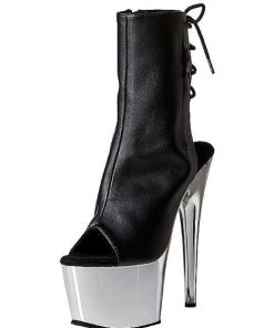 Stovletter Dam Med Plata höga klackar | Konstlader Svart 18 Cm Pleaser Adore-1018 Krom Plata Halvboots