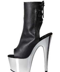 Stovletter Dam Med Plata höga klackar | Konstlader Svart 18 Cm Pleaser Adore-1018 Krom Plata Halvboots