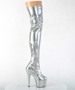 Larhoga Stovlar Med Plata höga klackar | Silver 18 Cm Adore-3000Hwr Hologram Overknee Platastovlar - Pole Dance Overknees