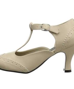 Pumps Klackar Utan Plata höga klackar | Beige Konstlader 7,5 Cm Retro Vintage Flapper-26 Kvinnor Pumps Med Lag Klack