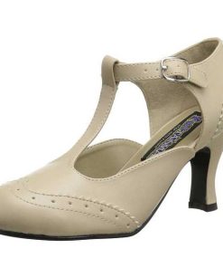 Pumps Klackar Utan Plata höga klackar | Beige Konstlader 7,5 Cm Retro Vintage Flapper-26 Kvinnor Pumps Med Lag Klack