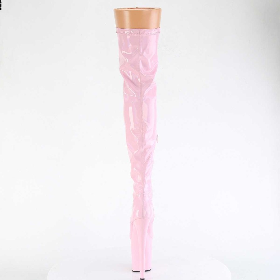 Larhoga Stovlar Med Plata höga klackar | Rosa 20 Cm Flamingo-3000Hwr Hologram Overknee Platastovlar - Pole Dance Overknees