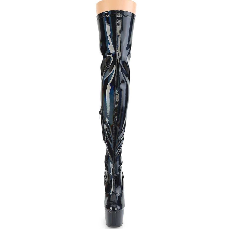 Larhoga Stovlar Med Plata höga klackar | Svart 18 Cm Adore-3000Hwr Hologram Overknee Platastovlar - Pole Dance Overknees