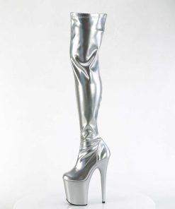 Larhoga Stovlar Med Plata höga klackar | Silver 20 Cm Flamingo-3000Hwr Hologram Overknee Platastovlar - Pole Dance Overknees