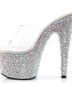 Slip In Klackar Mer Plata höga klackar | Transparent Silver 18 Cm Bejeweled-701Ms Strass Plata Slip In Mules