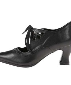 Pumps Klackar Utan Plata höga klackar | Svart Konstlader 7 Cm Retro Vintage Victorian-03 Kvinnor Pumps Med Lag Klack