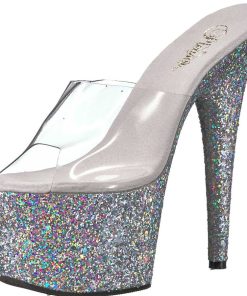 Slip In Klackar Mer Plata höga klackar | Silver 18 Cm Adore-701Lg Glitter Plata Tofflor Dam Med Klack