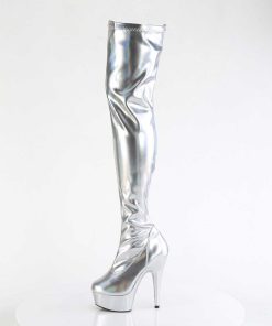 Larhoga Stovlar Med Plata höga klackar | Silver 15 Cm Delight-3000Hwr Hologram Overknee Platastovlar - Pole Dance Overknees