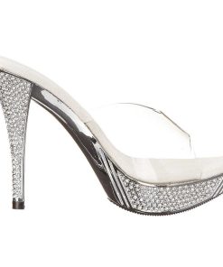 Slip In Klackar Mini Plata höga klackar | Silver 11,5 Cm Elegant-401 Strass Stenar Plata Tofflor Dam