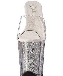 Slip In Klackar Mer Plata höga klackar | Silver 20 Cm Flamingo-801G Glitter Plata Tofflor Dam Med Klack